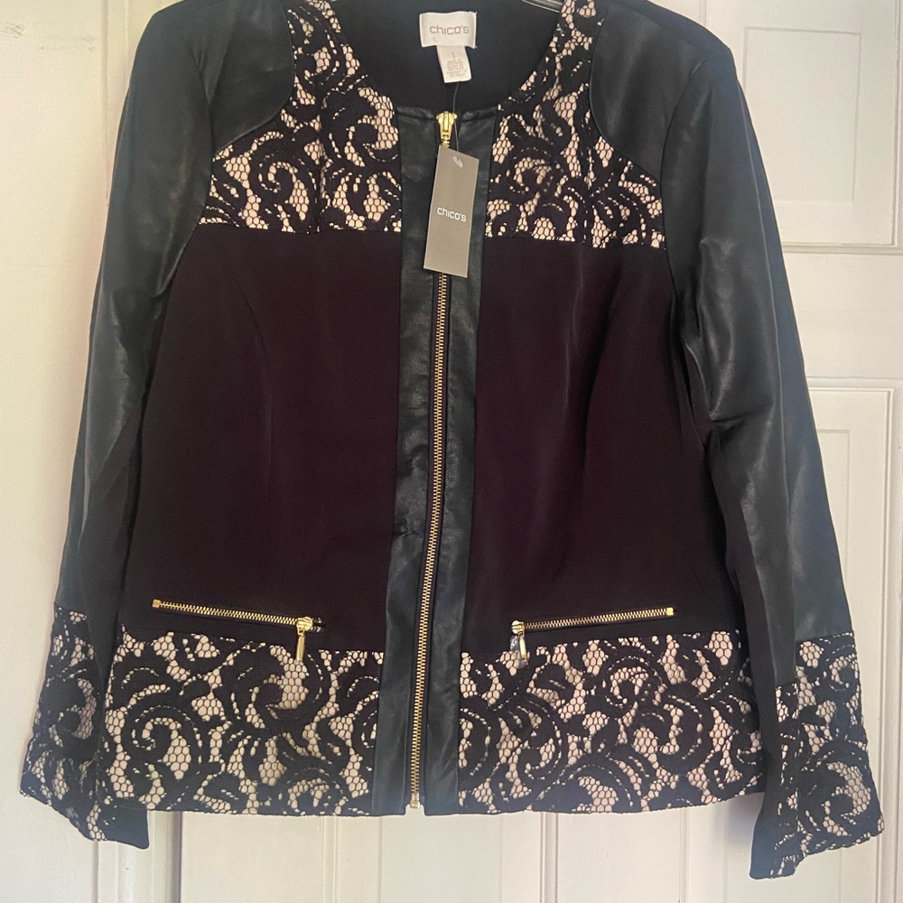 Chico’s Size 1 Black Pieced Pinterest Lace Mix Long Sleeve Jacket.  NWT